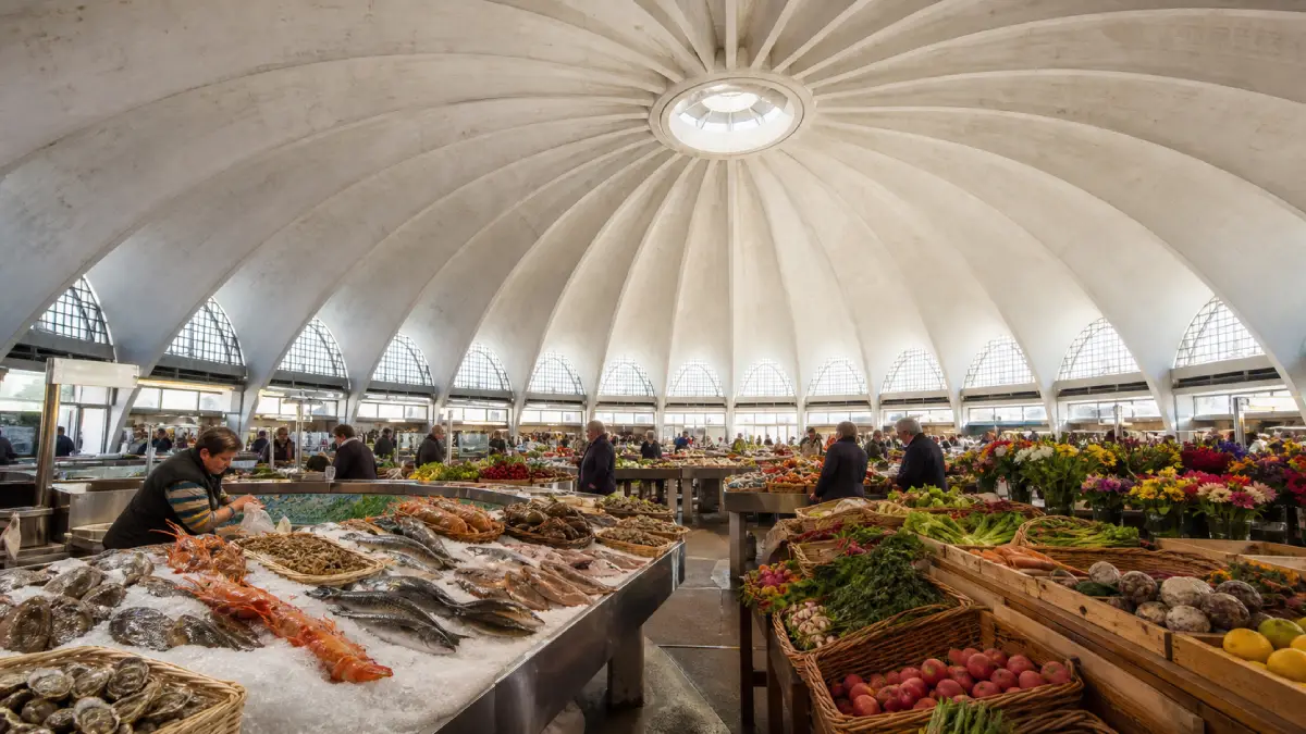 Étals de poissons, fruits et légumes sous le dôme de béton du marché central de Royan